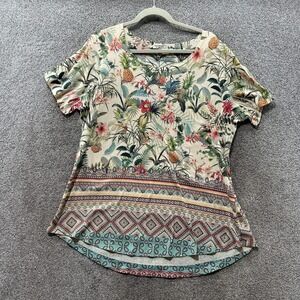 One World T-Shirt Top Blouse Women 2X Tropical Pineapple Floral Boho Embellished